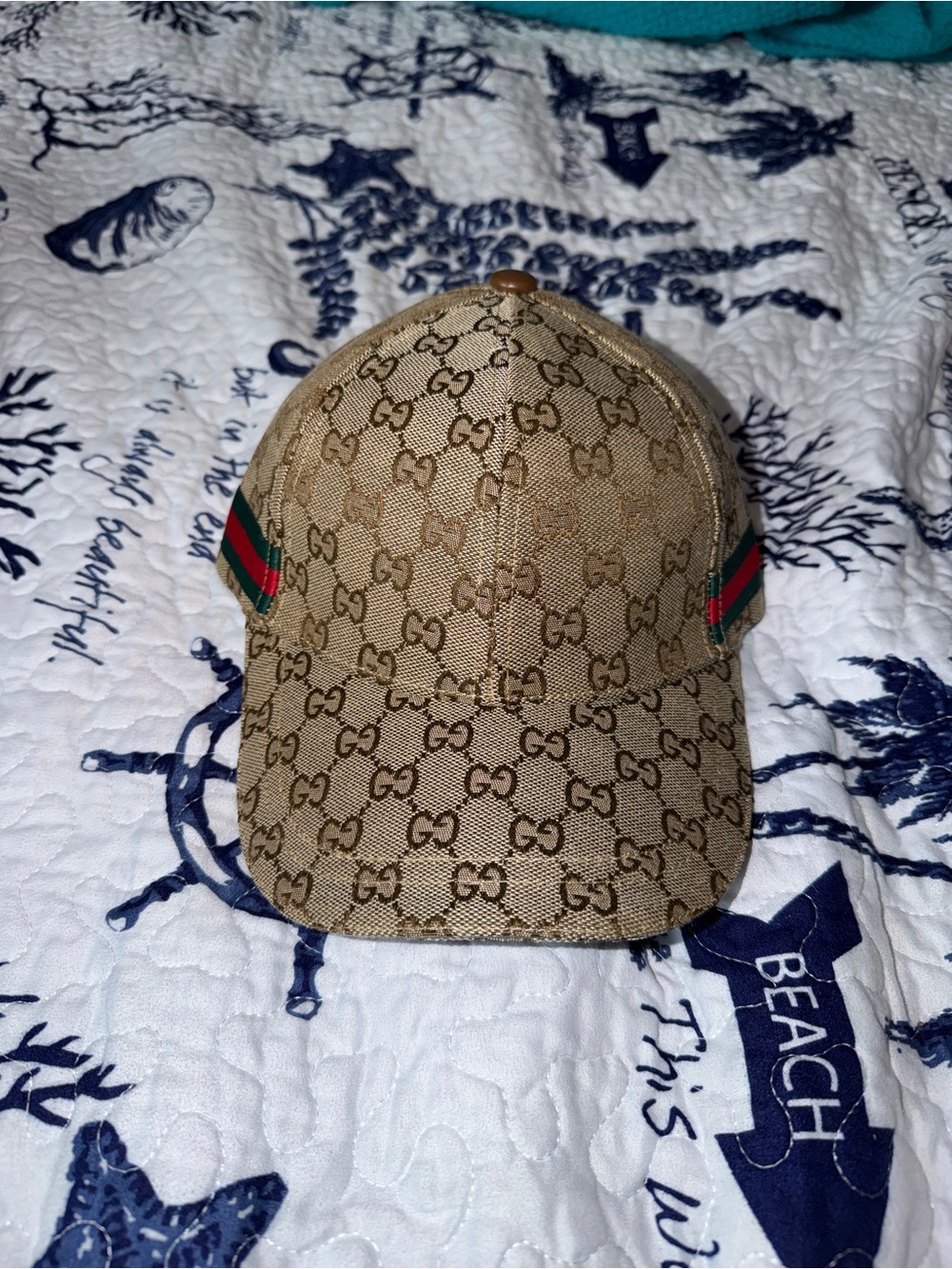 Tan Monogram Baseball Cap with Green-Red Web